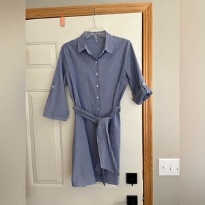 JDY shirt dress 100% cotton blue and white stripe button down belted. Size 38.